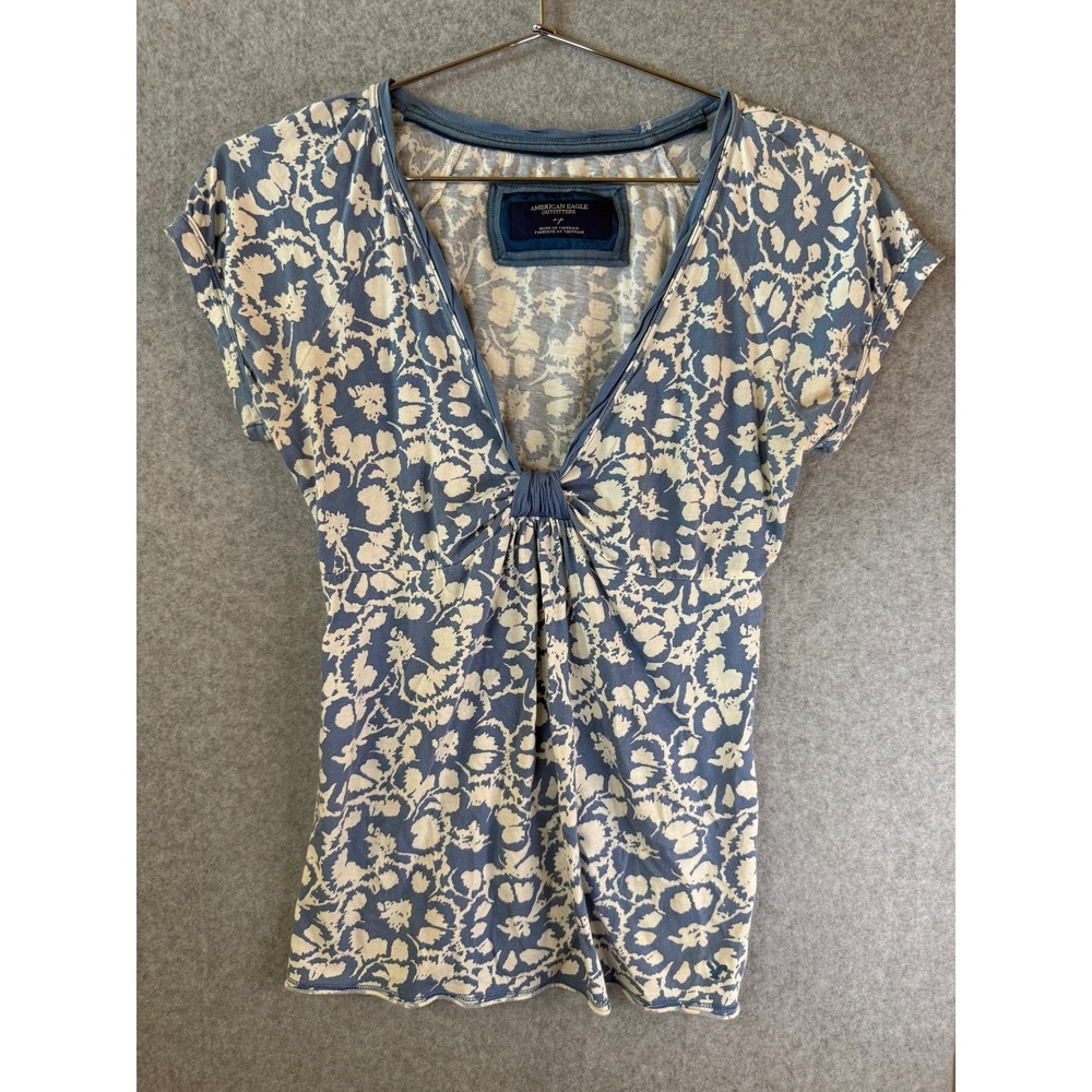American Eagle Blue Floral V-Neck Empire Waist Short Sleeve Top Small